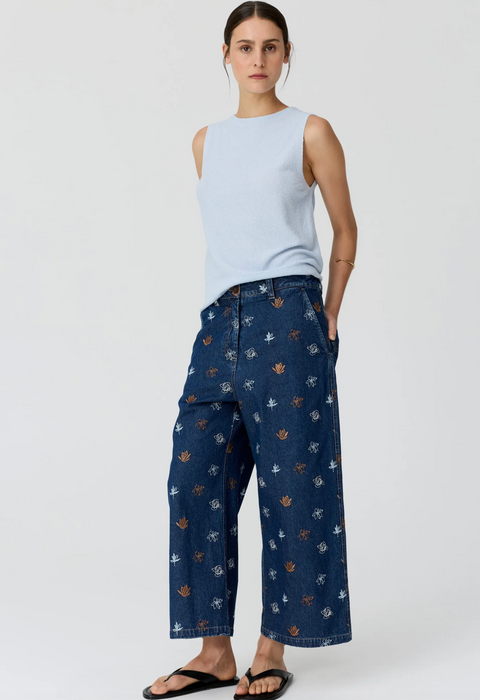 POL Clothing Gilt Embroidered Pant - Denim/Copper