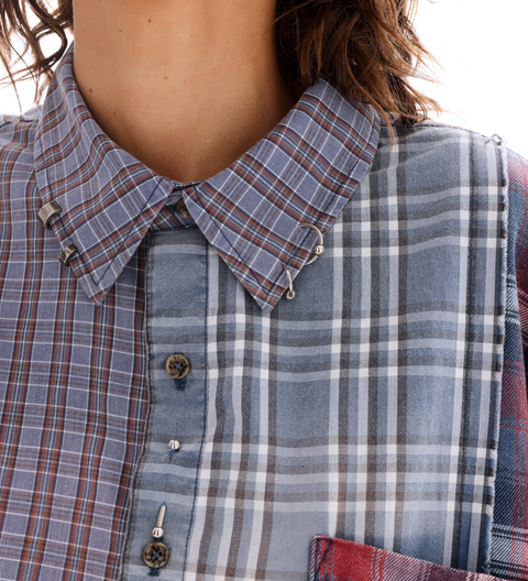 The Tales Pierced Patchwork Check Shirt - Blue