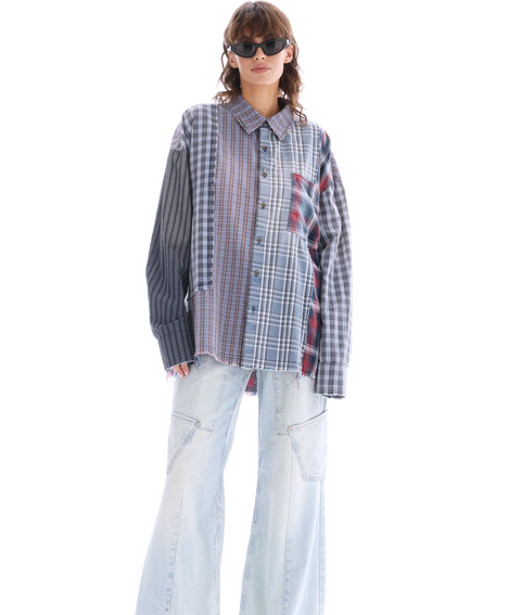 The Tales Pierced Patchwork Check Shirt - Blue