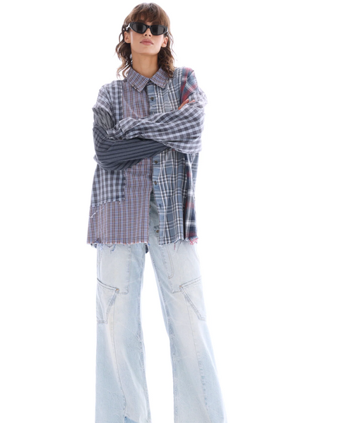 The Tales Pierced Patchwork Check Shirt - Blue