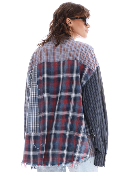 The Tales Pierced Patchwork Check Shirt - Blue
