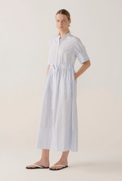 Foemina Nell Dress - Blue Double Stripe Poplin