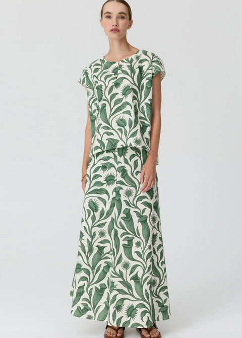 POL Clothing Botanica Contrast Back Top - Botanica Print / Green Stripe