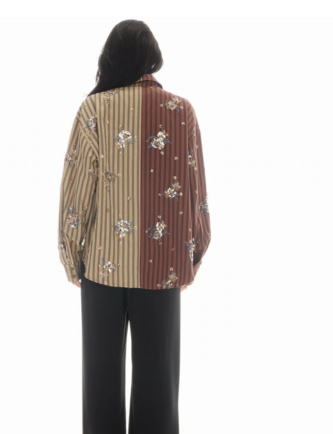 The Tales Embellished Half and Half Stripe Shirt - Brown