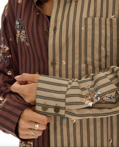 The Tales Embellished Half and Half Stripe Shirt - Brown